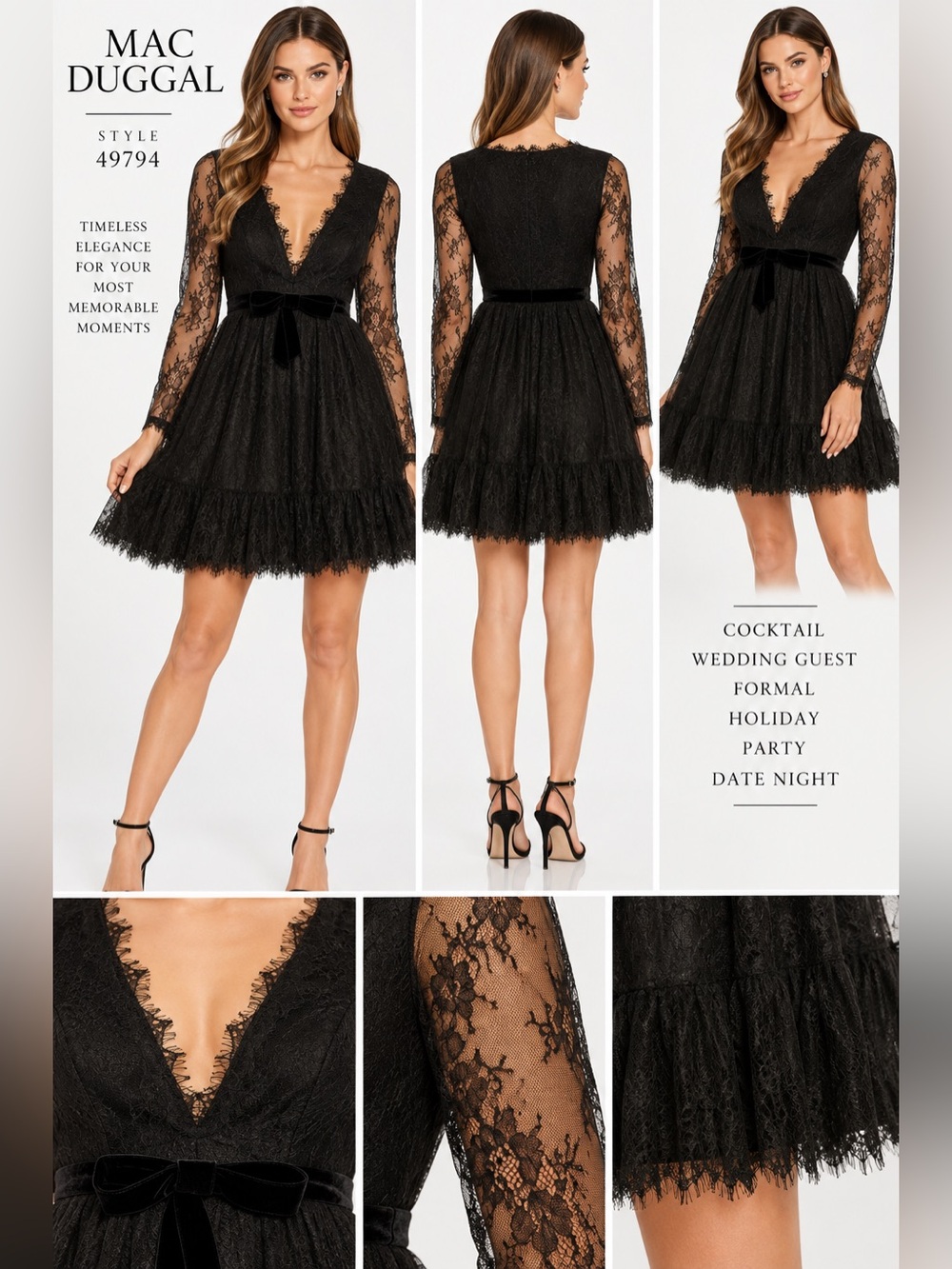 Mac Duggal Black Lace Long Sleeve Mini Dress Velvet Bow NWT Size 4